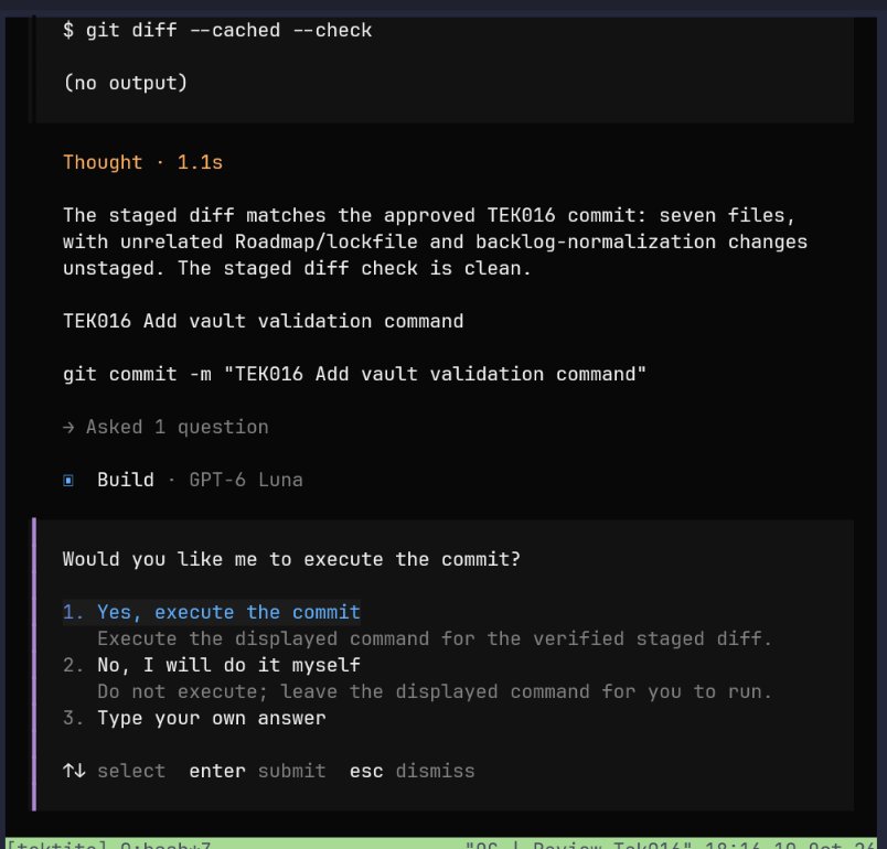 The skill gives you the copy-pasteable commit command but also offers to do the commit for you.